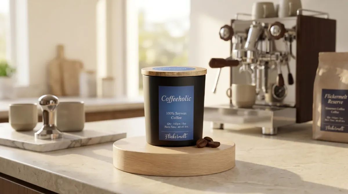 Coffeeholic candle in kitchen setting