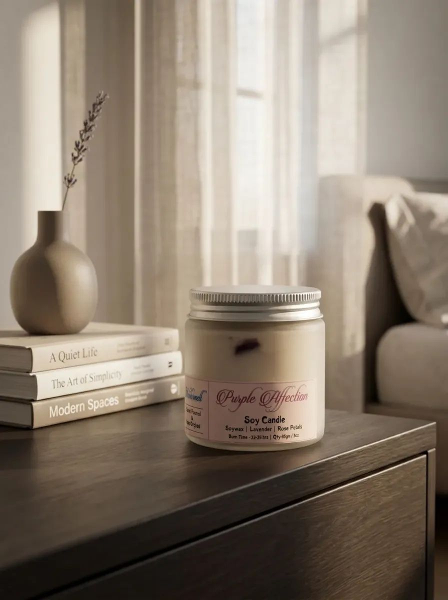 Purple Affection candle styled on a living room console